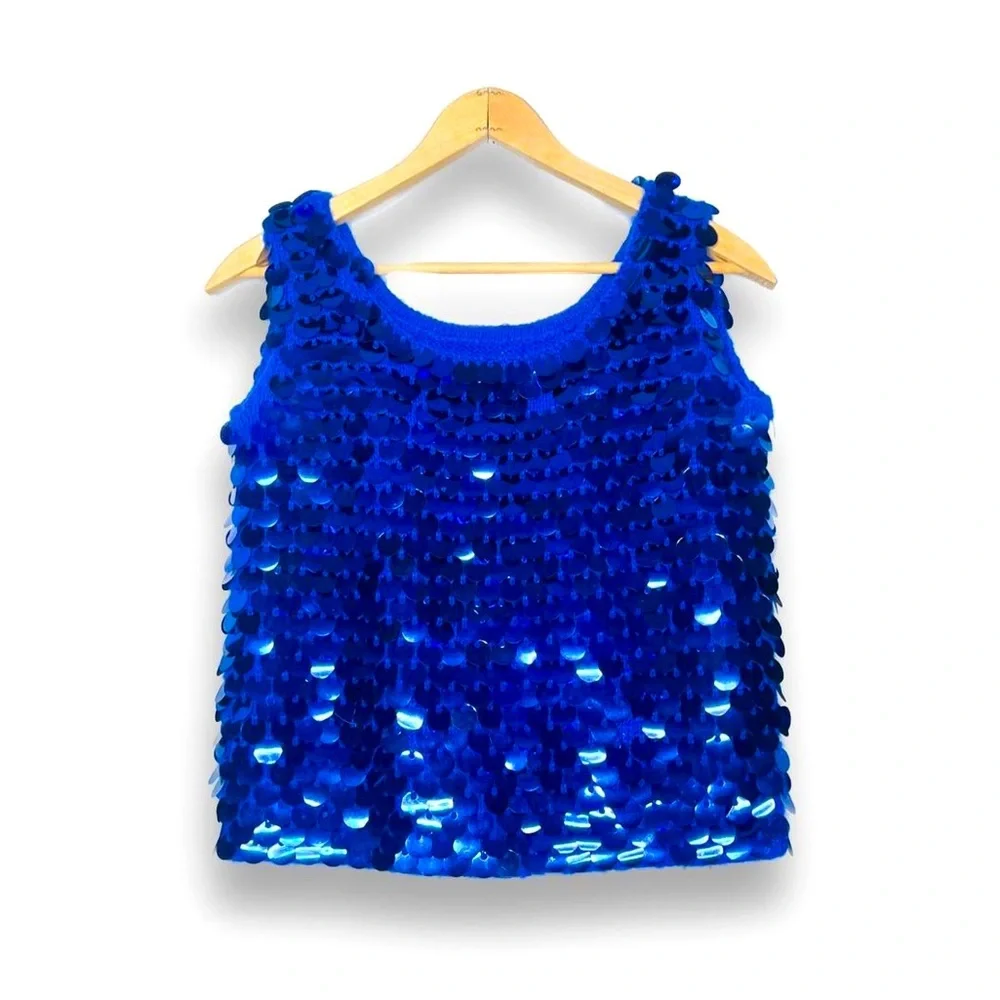 VTG Giant Sequined Sparkly Cobalt Blue Wool Knit Tank - Picture 1 of 4